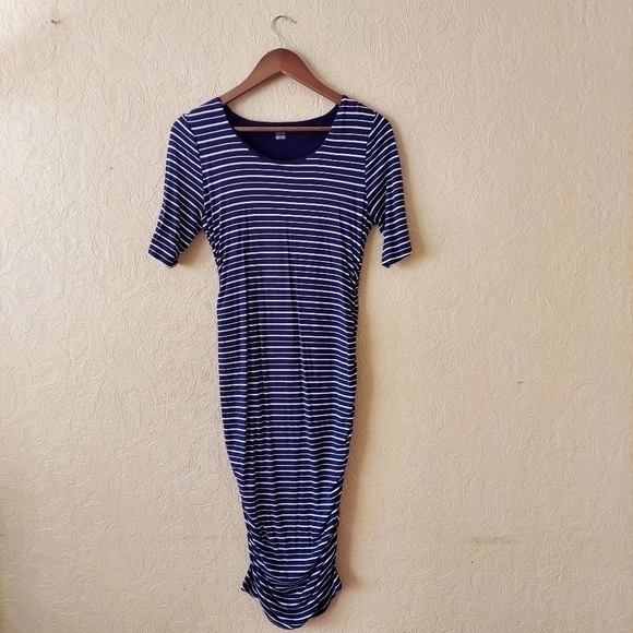 A Pea in the Pod Dresses & Skirts - A Pea in the Pod Maternity Dress Blue Stripe Midi Fitted Ruched Sides Small